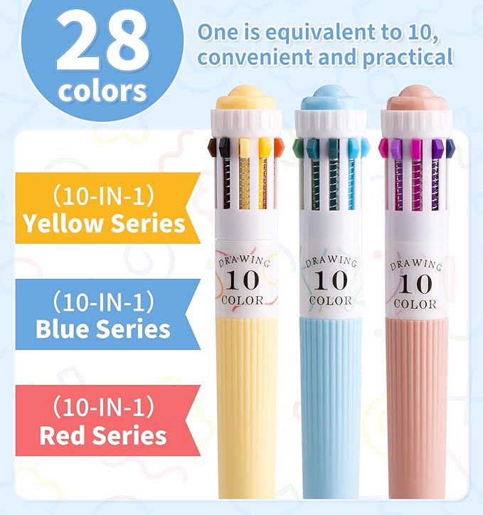 3 Park Multicolor Pens, 10-in-1 Colored Ballpoint Pen, 28 Colors, 0.8mm Fine Point Smooth Writing, Retractable Ballpoint Pens for Office School Students Children