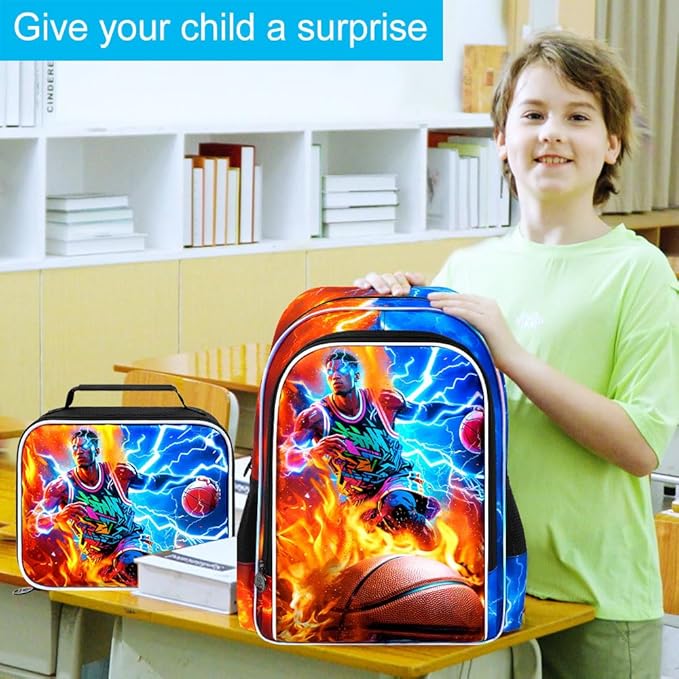gxtvo 3PCS Kids Basketball Backpack for Boys, 17" School Bag with Lunch Box, Water Resistant Lightning Bookbag Middle Elementary - Fire & Lightning Basketball Player