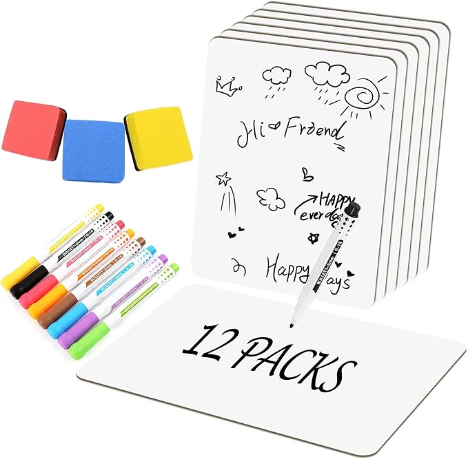 Set of 12 Small White Board Dry Erase Boards Classroom 9" x12” Double Sided Personal Whiteboards for Teachers Lapboards Mini Whiteboard Erasers Incl and Colors Pens