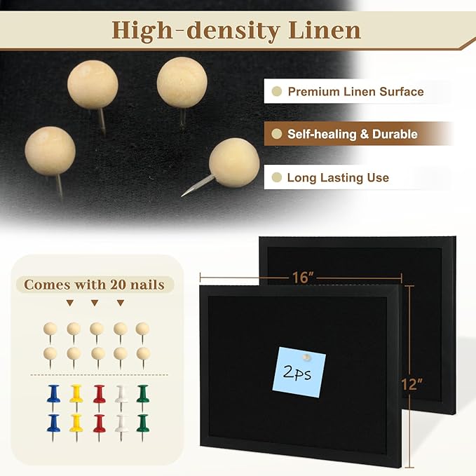 2-Pack Double-sided Black Cork Board with Linen, 16" x 12" Hanging Wood Framed Small Bulletin Board, Picture Display Vision Board Kit Corkboards for Wall Room School Office Decor, 20 Pushpins