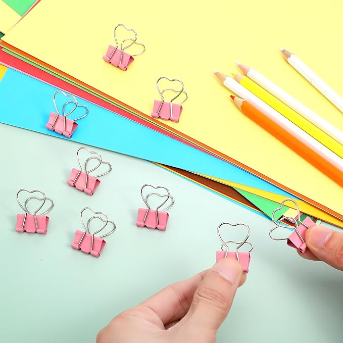 15 PCS Pink Heart Hollow Out Metal Binder Clips, Heart Shape Binder Clips Notes Letter Paper Clip for Paperwork School Home Office