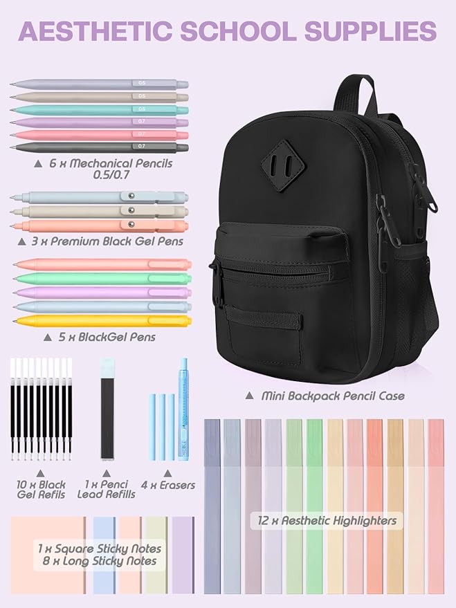 51 PCS Aesthetic School Supplies with Cute Pencil Case, 12 Pastel Highlighters, 8 Quick Dry Retractable Black Ink Pens, 6 Pastel Mechanical Pencil Student Stationary Bible Study Supplies (Black)