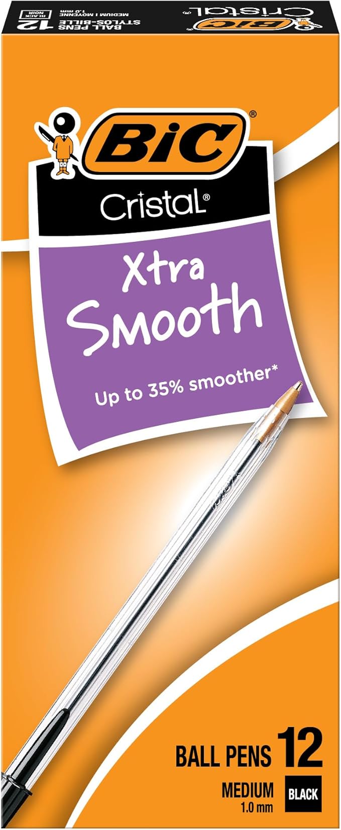 BIC Cristal Xtra Smooth Black Ballpoint Pens, Medium Point (1.0mm), 12-Count Pack, Extra Smooth and Reliable Ballpoint Pens