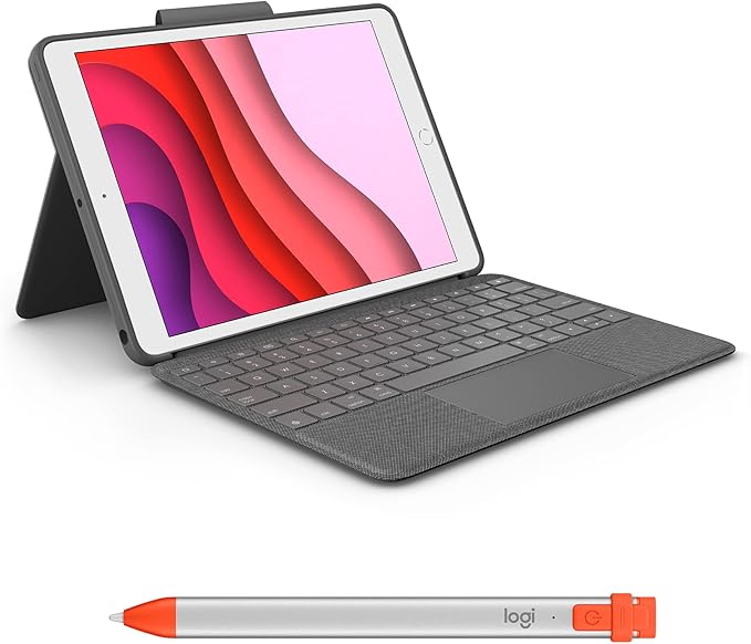 Logitech Combo Touch Keyboard Case for iPad (7th gen - 2019 | 8th gen - 2020 | 9th gen - 2021) + Logitech Crayon Orange Digital Pencil for all iPads (2018 Releases and Later)