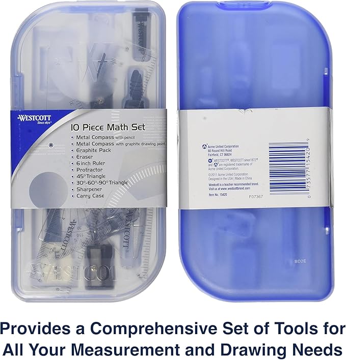 Westcott 10-Piece Math Set for Students, Includes 2 Compasses, Protractor & Ruler, Back to School, Classroom, School Supplies, Geometry Practice, Durable Storage Case