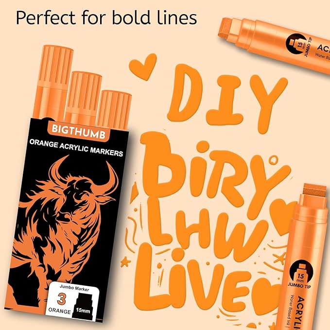 3 Pcs Orange Jumbo Permanent Markers: 15mm Wide Tip Thick Acrylic Paint Pen Large Calligraphy Marker for Rock Painting, Poster, Sign, Canvas, Glass, Wood, Ceramic