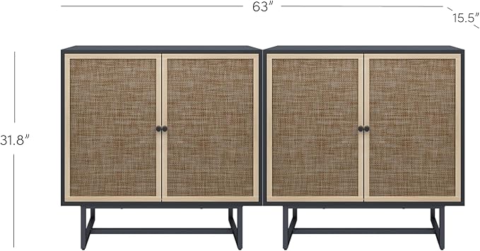 Nathan James Kova Rattan Wood Accent Sideboard Storage Cabinet TV Stand with Matte Metal Frame, Adjustable Shelves and Cane Doors, for Hallway, Entryway or Living Room, Black Oak/Cane, Set of 2