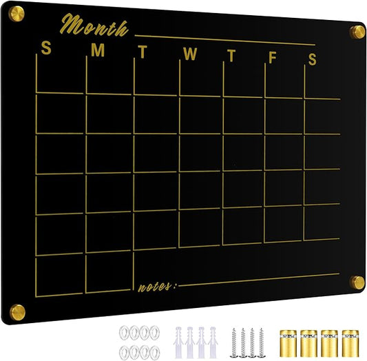 Black Acrylic Calendar Whiteboard for Wall,16’’x12’’,Dry Erase Calendar for Home,Office