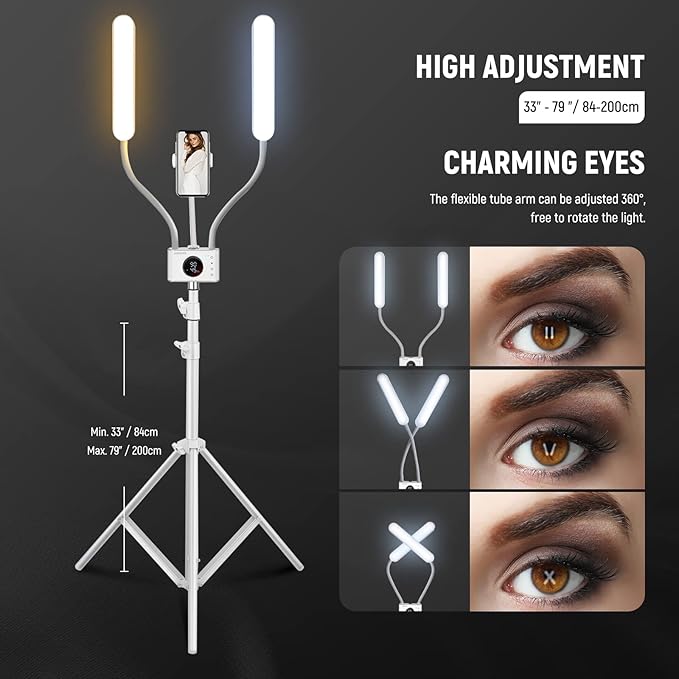 NEEWER Esthetician Light with Phone Holder & Travel Bag Kit, Support 2.4G/PC/MAC Control & Separate Control of 2 LED Light Heads, CRI98+ Bi Color Stepless Dimmable Tattoo Lighting Lash Lamp, BH40B