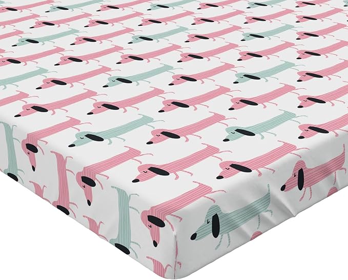 Ambesonne Dachshund 2 Pack Fitted Sheet, Funny Sausage Dogs, Bed Cover All-Round Elastic Deep Pockets 2 Pieces, Package Contains 2 Full Size Fitted Sheets, Seafoam Pink