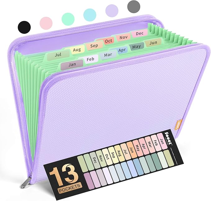 Sooez 13 Pocket Accordion File Organizer, Zipper Expanding File Folder Organizer, Reinforced Plastic Accordion Folder, A4 Letter Size, Portable Folders for Documents, Purple