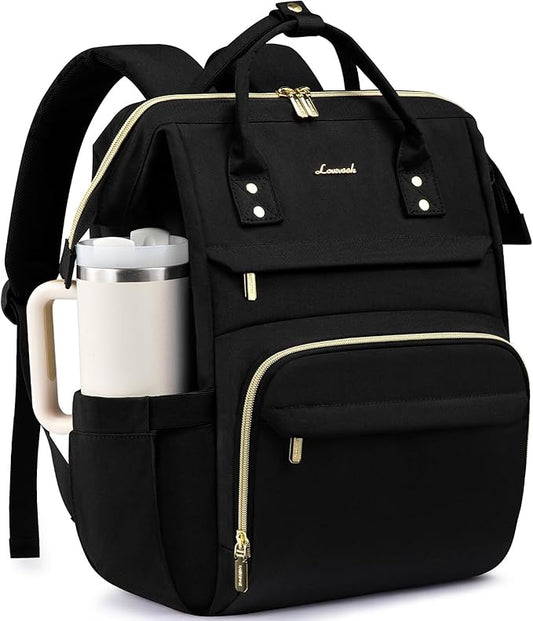 LOVEVOOK Laptop Backpack for Women with Giant Tumbler Holder Pocket,18 inch Waterproof Travel Backpack Purse Computer Laptop Bag,Professional Work College Nurse Teacher Backpack Casual Daypack,Black