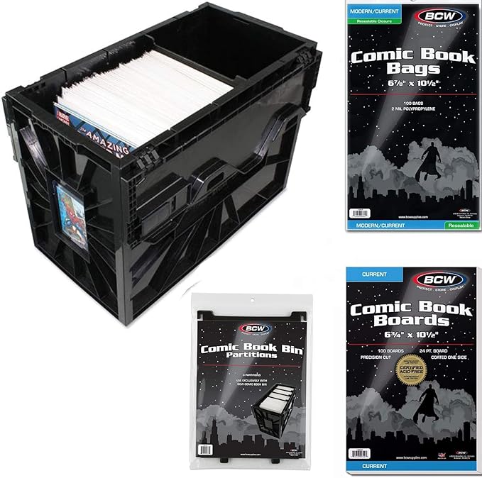BCW Starter Comic Book Storage Kit | Storage Box, Partitions, Resealable Acid-Free Bags, Comic Backing Boards | Organize Modern Comics | Heavy Duty Comic Bags and Boards | Comic Collectors Essential
