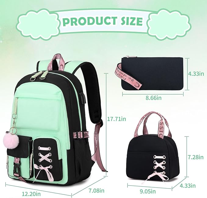 Backpacks for Girls, Girls Backpack with Lunch Box and Pencil Case for Teen Kids Elementary Middle High School College Student, Children Backpack Bookbag with USB Charging Port (Black Green)