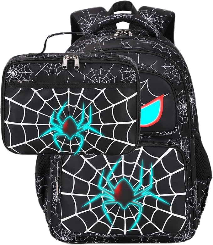 Boys Backpack with Lunch Box Glow in Dark Bookbag Kids Ages 4-12 Kindergarten Elementary School Spider Backpack, Luminous Spider Black