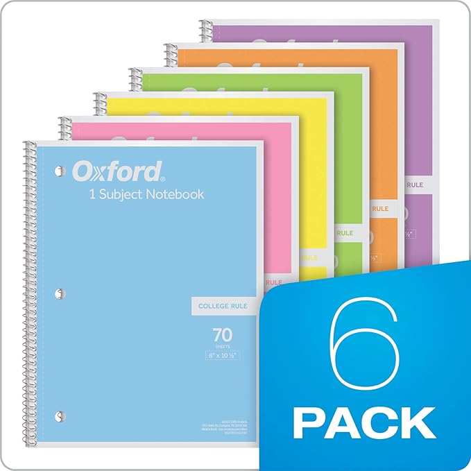Oxford Spiral Notebook, 1 Subject, College Ruled Paper, 8 x 10-1/2 Inch, Pastel Pink, Orange, Yellow, Green, Blue and Purple, 70 Sheets (63756) Set of 6 (Pack of 8)