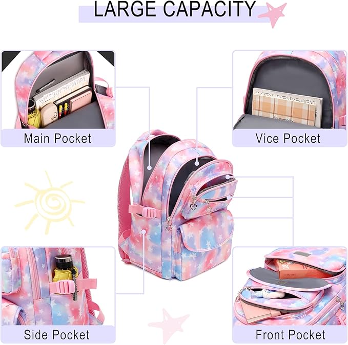 Girls Backpack with Lunch Box for Elementary Middle School,17 Inch Purple Lightweight School Backpack with Lunch Bags Set for Girls