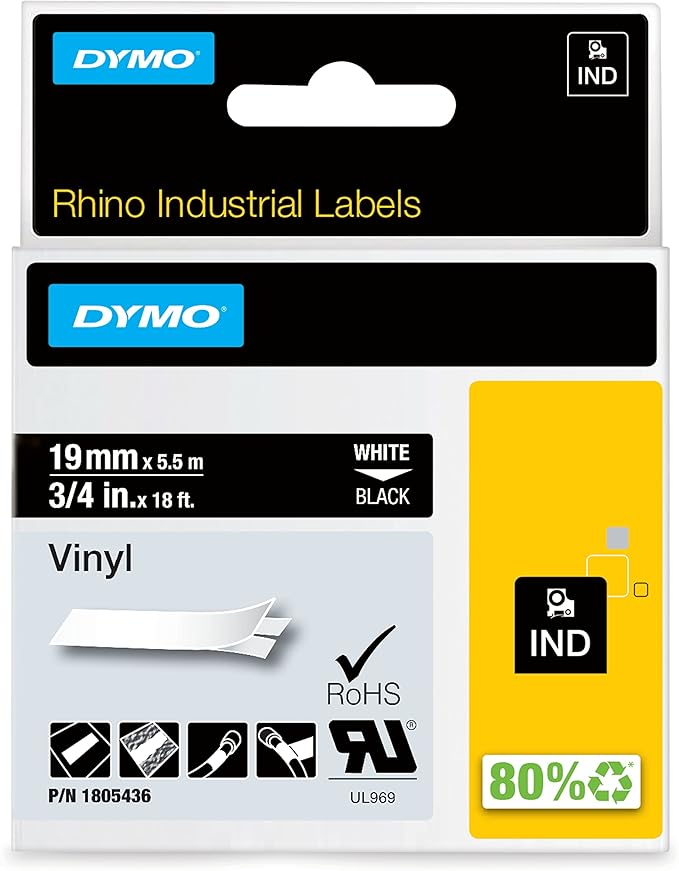 DYMO Rhino Industrial Vinyl Labels | 19 mm x 5.5 m | White Print on Black | Self-Adhesive | for LabelManager & Rhino Label Makers