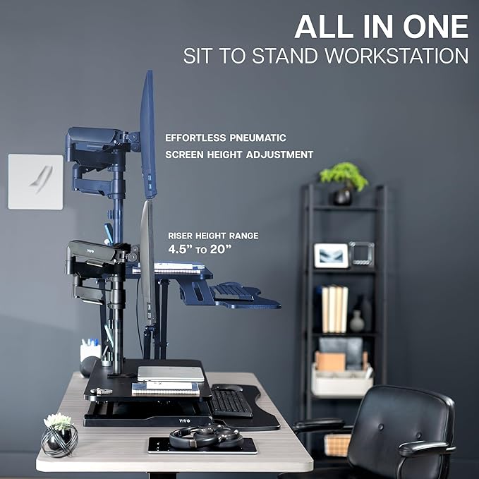 VIVO 32 inch Standing Desk Converter with Dual Monitor Mount for up to 32 inch Screens, Height Adjustable Riser with Mechanical Spring Arms, Black, DESK-KIT-0K2K