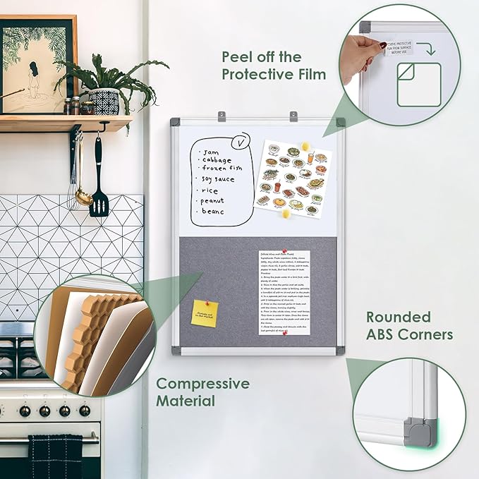 S SWANCROWN 2 in 1 Combo Board Magnetic Whiteboard & Felt Board,Dry Erase Board Bulletin Board Vision Board for Wall,Home,School,Office,24x18inches