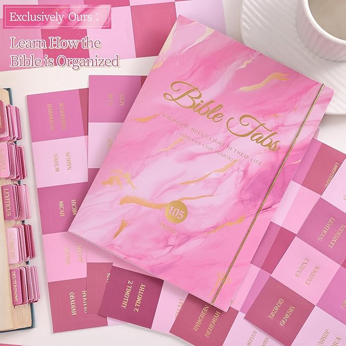 Laminated Bible Tabs, Gold Foil Embossed Lettering Bible Chapter Index Tabs for Women Men, Reposition Large Print Sticky Labels, Easy to Read and Apply, 105Chapters Labels for Easy Navigation (Pink)