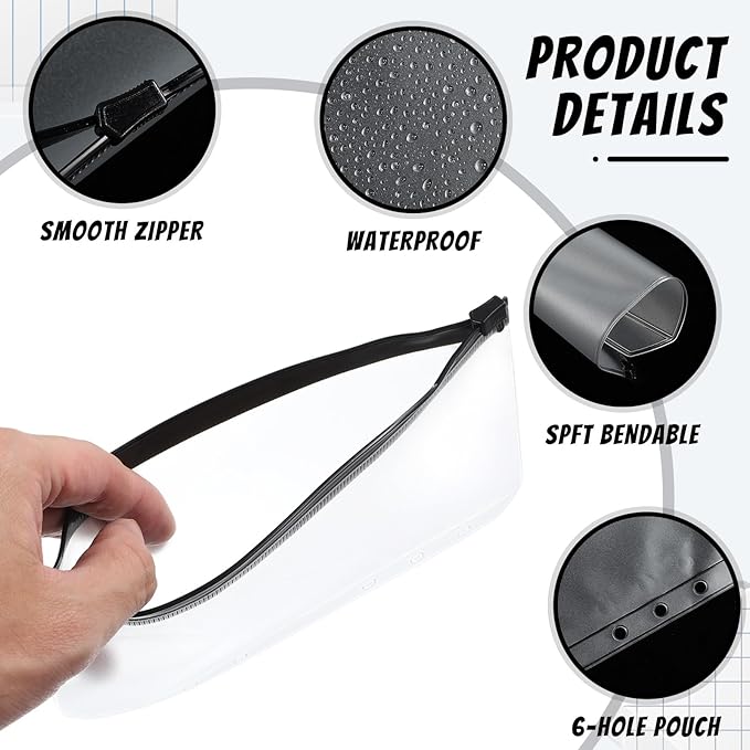 Zonon 30 Pcs A5 6 Rings Black Zipper Binder Pouches Clear Binder Pockets with Zipper Folders Waterproof PVC Loose Leaf Bags Filling Bags for Pen Pencil Notebooks File Document
