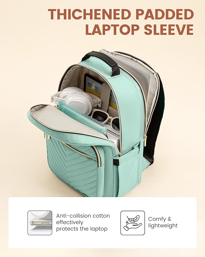 LOVEVOOK Laptop Backpack for Women with Giant Tumbler Holder 15.6 inch,Designer Travel Backpack Laptop Bag College Backpack,Quilted Work Nurse Teacher Backpack Purse Computer Bag Daypack,Mint Green