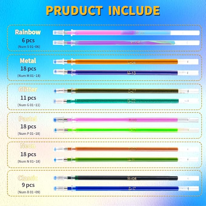 Aen Art Gel Pens Refills for Adult Coloring Books, 80 Unique Colors, 40% More Ink Colored Gel Pens Set
