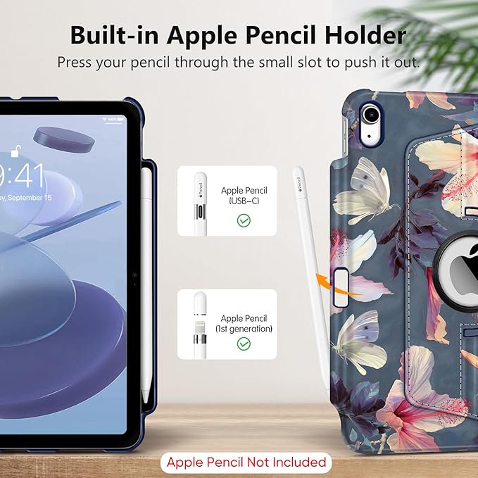 Fintie Rotating Case for iPad (A16) 11th Generation 11 Inch (2025), iPad 10th Generation 10.9 Inch (2022) - [Built-in Pencil Holder] 360 Degree Rotating Protective Stand Cover, Blooming Hibiscus