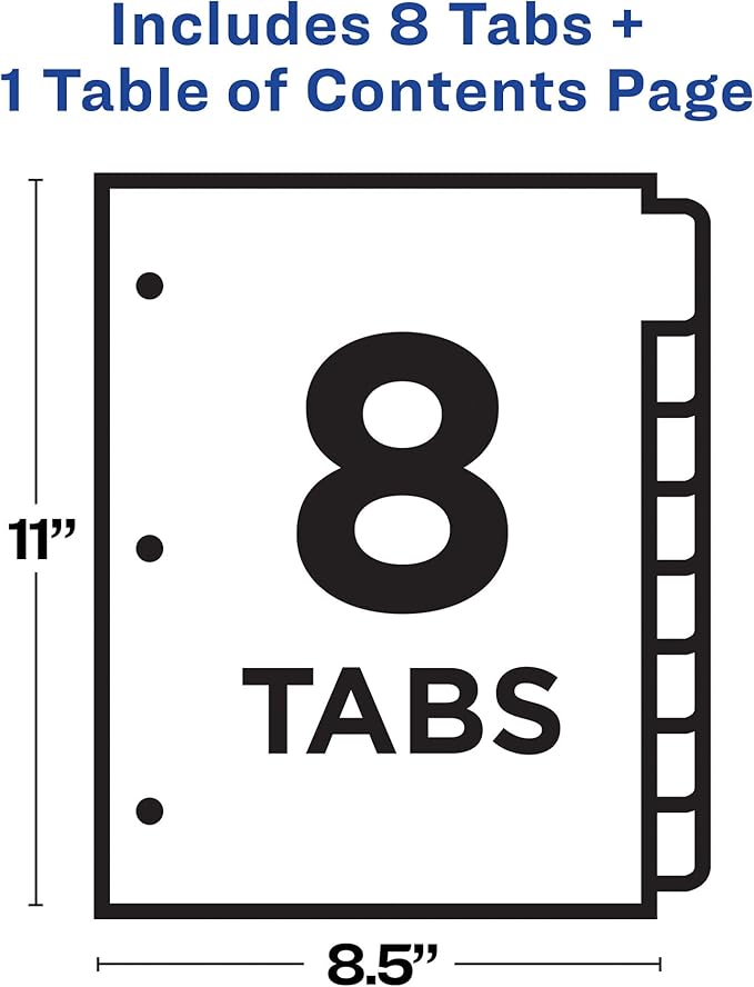 Avery Dividers for 3 Ring Binders, 8 Tabs per Set, Customizable Table of Contents, Classic White Tabs, Great for Organizing Reports, Projects, and More (11132)