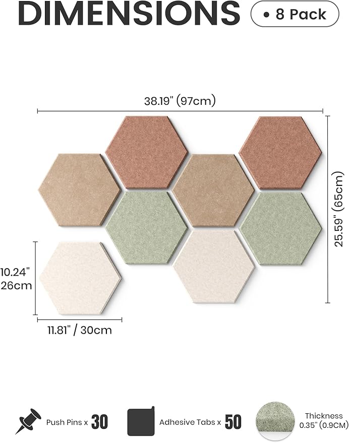 Fluxynara Hexagon Cork Board Alternative for Walls Decor-8-Pack Felt Bulletin Board Tiles,with 30 Pushpins,50 Adhesive Tabs for Office,Classrooms & Home Pin Board Felt Board-Boho