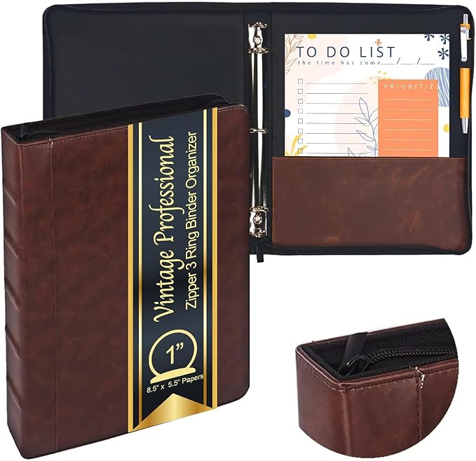 Performore Vintage Professional 3 Ring Zipper Binder Organizer, for 8.5" x 5.5" Paper, 1-Inch Round Rings, 2 Inner Pockets, Antique Brown Vegan Leather, Pen Included