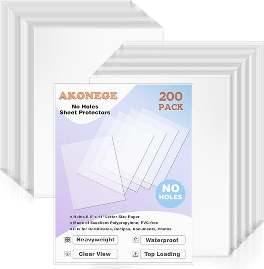 AKONEGE 200 Pack No Holes Sheet Protectors 8.5 x 11 Inch Letter Size Page Protectors for Documents, Prints, Top Loading Heavyweight Clear View Plastic Sleeves for Papers, Artworks, Photos
