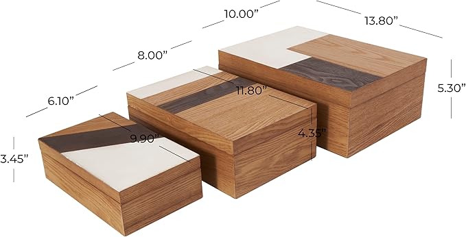 Deco 79 Wooden Geometric Decorative Box Decorative Keepsake Boxes with Cream and Dark Brown Stripes, Set of 3 Storage Boxes 14", 12", 10"W, Brown
