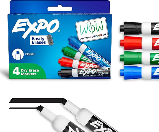 EXPO Dry Erase Markers, Low Odor Ink, Assorted Colors, Chisel Tip, Easily Erases, Vibrant Ink, Ideal for Classroom, Back to School Supplies, Teachers, Office, Whiteboard & Home, 48 Count (12 packs of 4)
