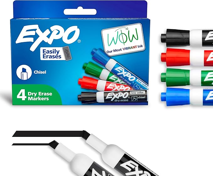 EXPO Low Odor Dry Erase Markers Chisel Tip Assorted Colors 4 Count