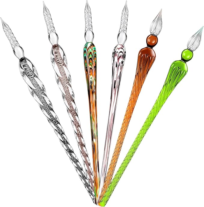Zonon 6 Pcs Handmade Glass Dip Pen Crystal Glass Signature Pen Calligraphy Glass Pen Dip Ink Pen Borosilicate Present Pen for Writing Drawing Signatures (Vintage Color,Fresh Style)