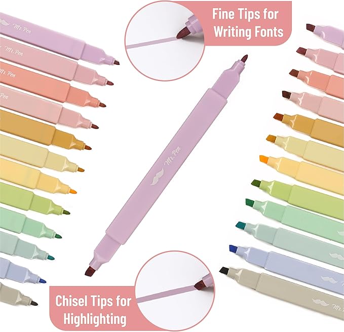 Mr. Pen- Dual Tip Aesthetic Highlighters, 12Pack, Chisel & Fine Tips, Pastel Colors, Cute Assorted Colors, Cute High lighters for School, Highlighter Set
