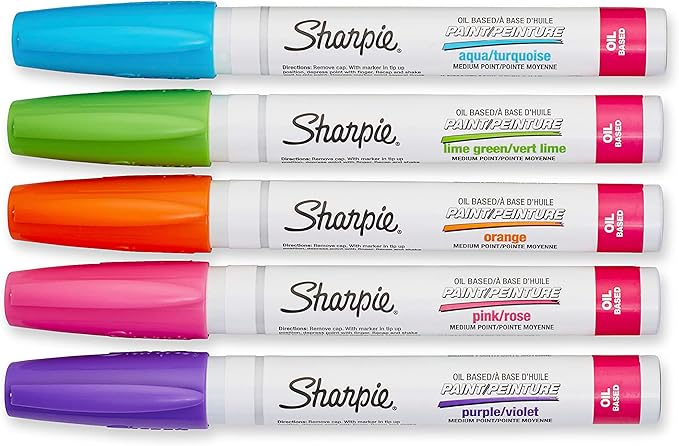 Sharpie Oil-Based Paint Markers, Medium Point, Bright Colors, 5 Count - Great for Rock Painting