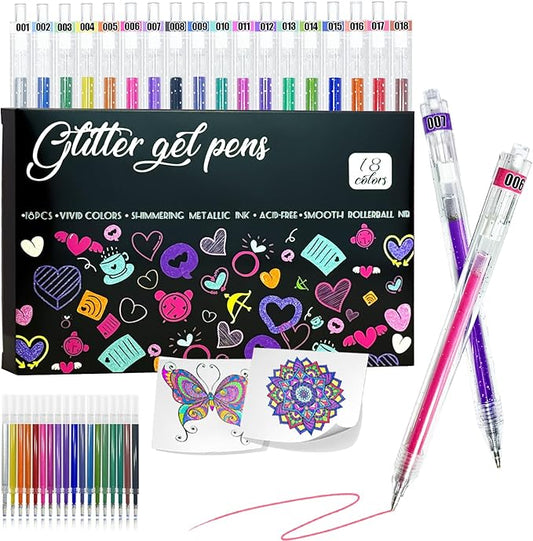 Glitter Pens 18 Colors with 18 Refills, Retractable Glitter Gel Pens for Adult, Vibrant Sparkle Metallic Colored Gel Pens Suitable for Coloring Books Doodling Drawing Journaling Note Taking Writing