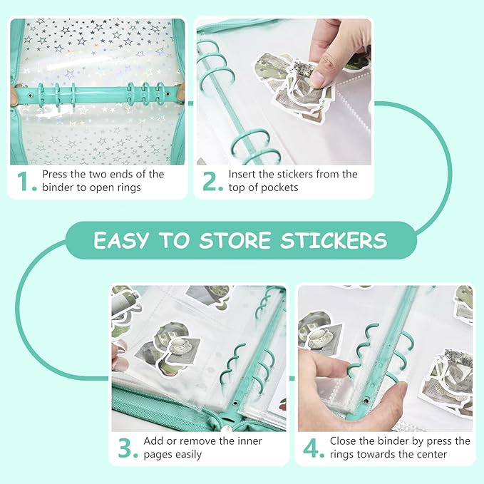 Sticker Storage Organizer Binder A5 Sticker Collecting Book Reusable Zipper Album with Clear Laser Star Cover and Pocket Pages (Cyan)