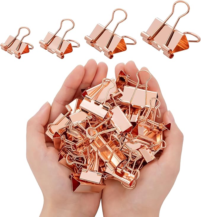 Binder Clip Paper Clamps, Assorted Sizes (Mini, Small, Medium, Large), 100 Pcs Clips for Office School Supplies (Rose Gold)