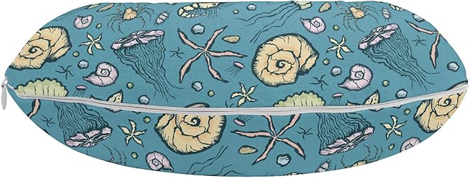 Ambesonne Under The Sea Travel Pillow Neck Rest, Summer Beach Theme with Hand-Drawn Clams Nautilus Jellyfish Shrimp Shapes, Memory Foam Traveling Accessory for Airplane and Car, 12", Cadet Blue