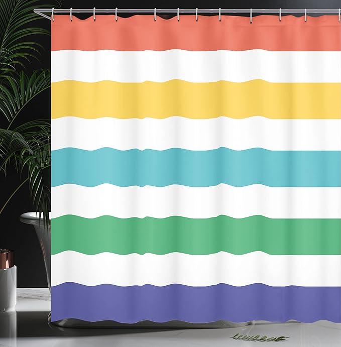 Ambesonne Striped Shower Curtain, Rainbow Colored and White Fun Horizontal Lines Room Red Yellow Blue Green Art, Cloth Fabric Bathroom Decor Set with Hooks, 69" W x 75" L, White Mustard Jade Green