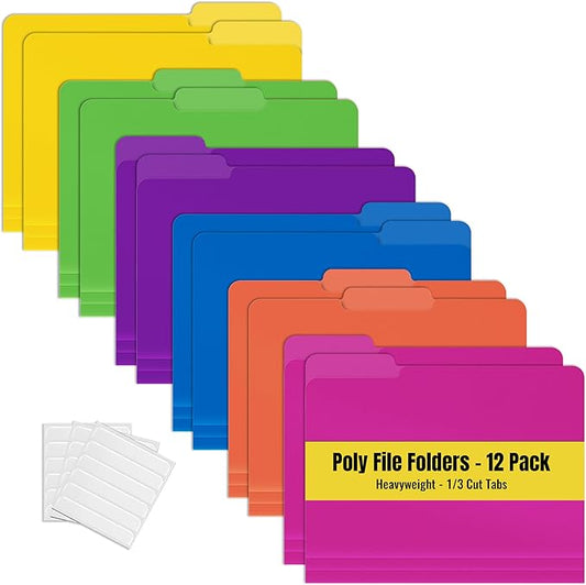 Better Office Products Heavyweight Poly File Folders, 1/3 Cut Tabs, 12 Pack, Assorted Colors, Letter Size, with Adhesive Labels,