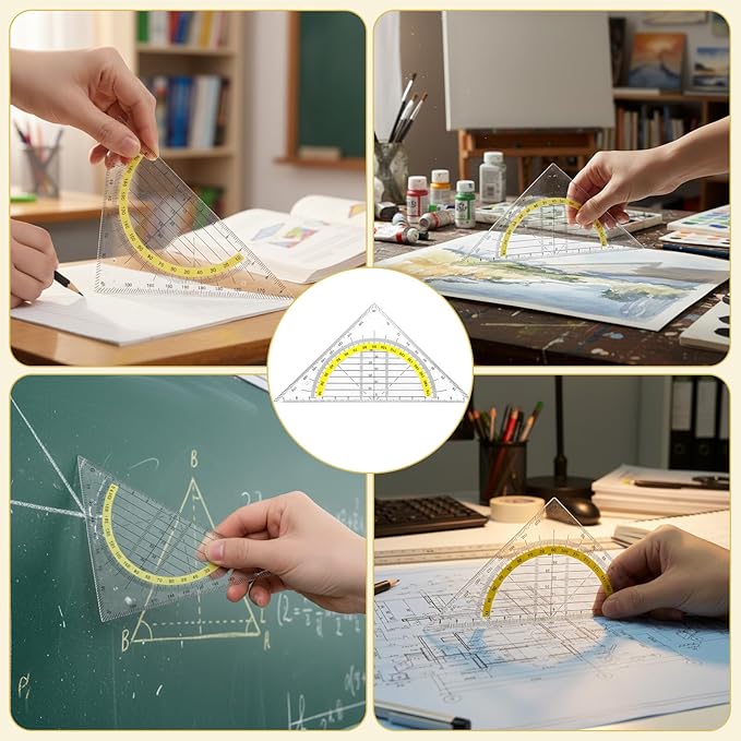 10 Pcs Multifunctional Triangle Ruler Set, Transparent Plastic Geometry Rulers with Protractor, Set Squares, and Drafting Tools for Architects, Designers, Engineers, Students, and Art Drawing