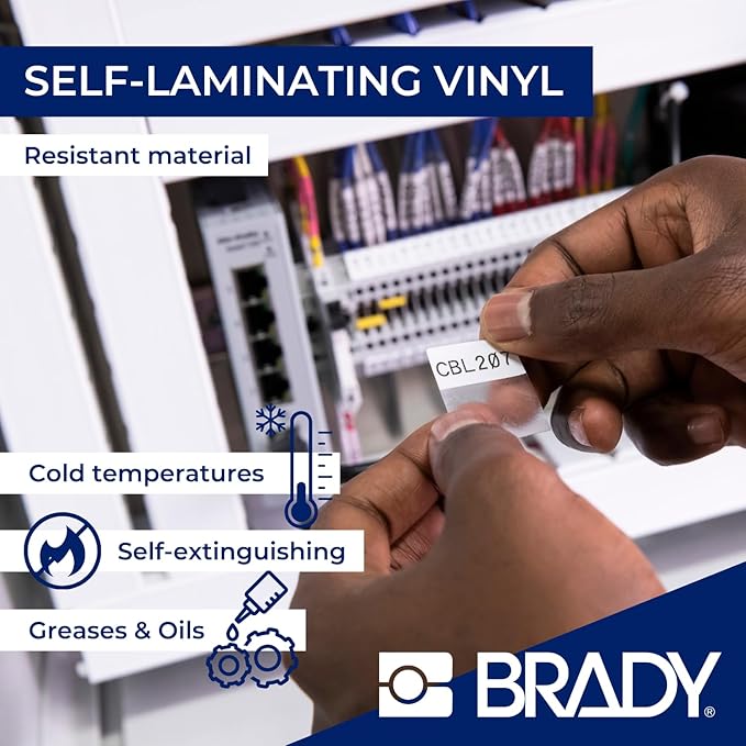 Brady Authentic (M4-91-427) Self-Laminating Vinyl Wrap Around Labels 1.5" H x 1" W Black on White, Clear, 180 Labels. for use with The BMP41, BMP51, and M511 Label Printers