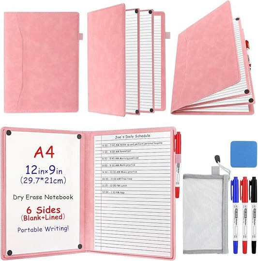 6 Sides Dry Erase Notebook Portable Whiteboards Notebook Small Reusable College Ruled Lined Board Folding Mini Travel Dry Erase White Board for Office Study(Pink,A4: 9 x 12 Inches)