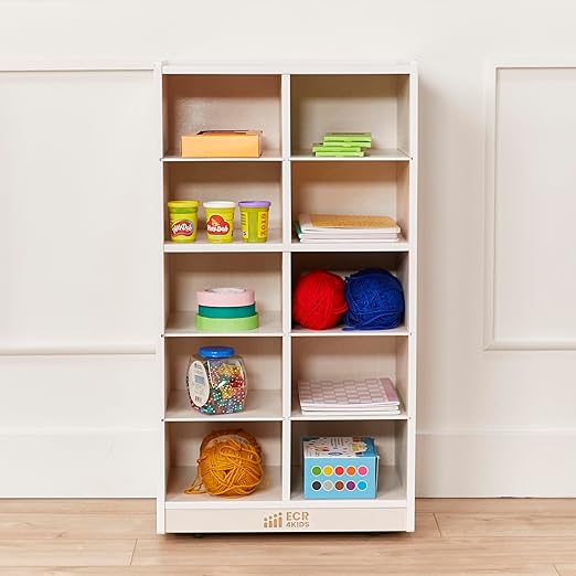 ECR4Kids 10 Cubby Mobile Tray Storage Cabinet, 5x2, Classroom Furniture, White Wash