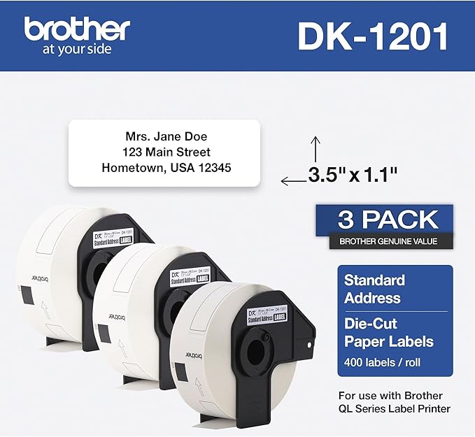 Brother Genuine DK-1201 Die-Cut Standard Address Labels – Long Lasting Reliability, Die-Cut Standard Address Paper Labels, 1.14” x 3.5” Individual Label Size, 400 Labels per Roll, (1) Roll per Box
